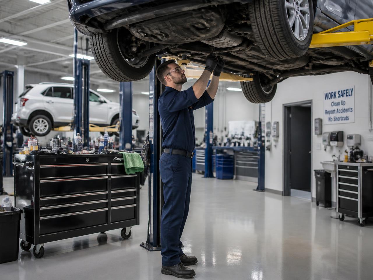 Technician working on a vehicle on a lift inside a clean, organized GKPN Certified repair shop